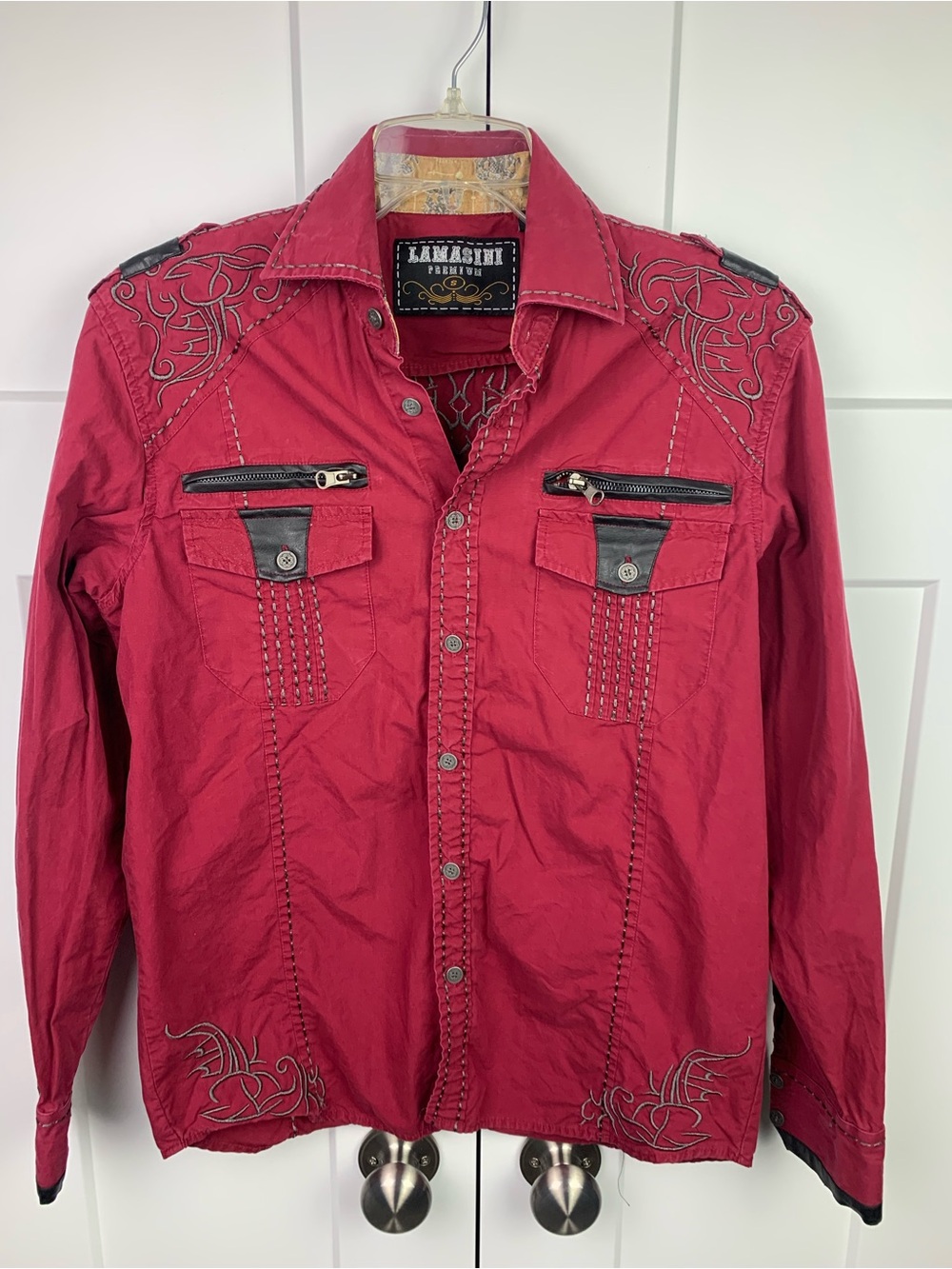 LAMASINI Premium Burgundy Button Up Shirt Embroidered SMALL Western Cowboy 4H